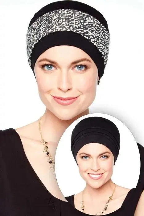 Bamboo Reversible Cap Black with Mini mosaic band in taupe and black