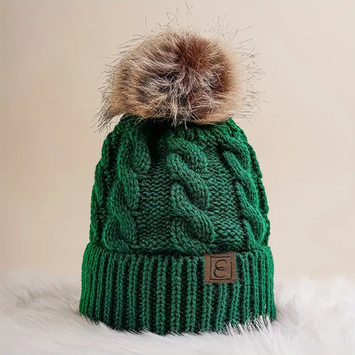 Cable Knit Pom Pom Beanie - Emerald Green - Wigsisters