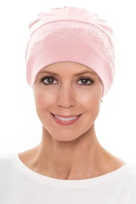 Bamboo Feather Lite Sleep Cap - Pale pink with lace detail