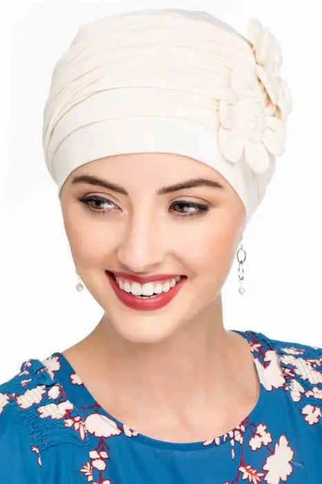 Bamboo Flapper Turban -Double florette side detail in cream