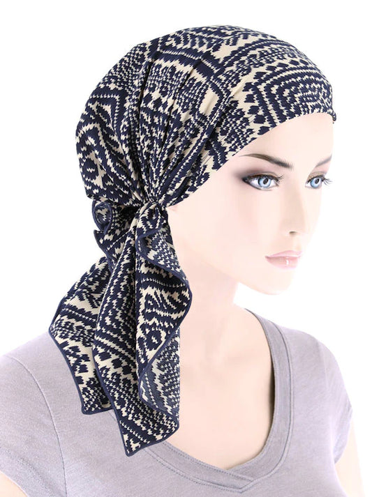 Bella Scarf in Navy Beige Geometric - Wigsisters