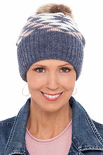 Load image into Gallery viewer, Aztec Pink &amp; Denim Faux Fur Pom-Pom Beanie Hat - Wigsisters