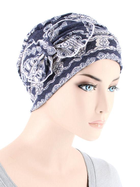 Cloche with Bow in Blue & White Medallion - Wigsisters