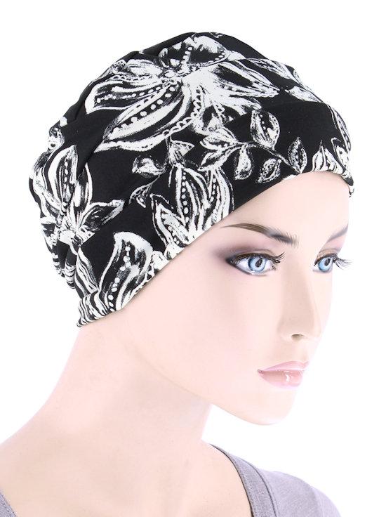 Cloche Cap in Black and White Tropical Floral - Wigsisters